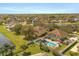 Aerial shot showcasing a pool, fenced-in backyard, and neighborhood waterfront property at 4061 Flowering Peach Ln, St Cloud, FL 34772