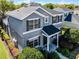 Stunning two-story home features a well-maintained lawn, mature landscaping, and modern architecture at 7412 Soiree Way, Reunion, FL 34747