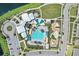 Overhead shot of community pool and playground featuring shade structures, surrounded by homes and parking at 7793 Clove Hitch Way, Orlando, FL 32832