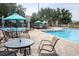 Relaxing scene of the community pool with tables, chairs and umbrellas at 8204 Fan Palm Way, Kissimmee, FL 34747