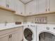 Functional laundry room with modern washer and dryer, ample counter space, and stylish cabinetry at 688 Cordoba Dr, Davenport, FL 33837
