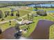 Scenic aerial view of a lakefront home with sprawling green space and a private water feature at 3607 Hidden River Ln, Tavares, FL 32778