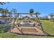 Picturesque backyard with a swing, fire pit, and lush landscaping, perfect for outdoor gatherings at 3607 Hidden River Ln, Tavares, FL 32778