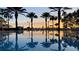 Beautiful community pool reflecting palm trees against a golden sunset at 7673 Heritage Crossing Way # 301, Reunion, FL 34747