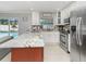 Open kitchen with granite countertops, stainless steel appliances, white cabinetry and view of pool at 7924 Coot St, Orlando, FL 32822