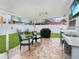Covered patio with outdoor kitchen, television, stylish chairs with cushions, and views of the beautifully landscaped yard at 7924 Coot St, Orlando, FL 32822
