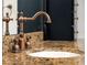A close-up showcases an ornate bronze faucet atop a granite countertop in the spacious bathroom at 8437 Lake Burden Cir, Windermere, FL 34786