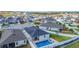 Aerial view of a well-maintained property featuring a pool, patio, and landscaped yard in a quiet neighborhood at 9158 Elsa Ct, Davenport, FL 33897