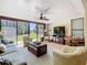 Cozy living room with a view of the lush backyard, comfortable seating, and a television at 759 Villa Park Rd, Poinciana, FL 34759