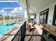 Covered patio with outdoor seating, dining area, and screened-in pool at 9122 Sommerset Hills Dr, Davenport, FL 33896