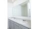 Bathroom with gray cabinets, double sinks, and an expansive mirror at 30376 Armenia Rd, Leesburg, FL 34748