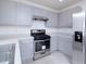 Close-up of a kitchen area showcasing gray cabinets, stainless steel stove and refrigerator, with sleek countertops at 30376 Armenia Rd, Leesburg, FL 34748