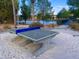 Concrete ping pong table near a lake, benches, and green trees at Terra Verde Resort at 4726 Ormond Beach Way, Kissimmee, FL 34746