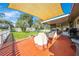 Large backyard with covered patio, sail shade, fire pit, and lush green lawn, perfect for outdoor activities at 1518 Mississippi Ave, St Cloud, FL 34769