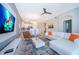 Open-concept living space with modern furniture, entertainment center, and seamless flow to the dining area at 1137 Drop Ln # 1137, Davenport, FL 33896