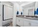 Bathroom showcasing double sinks, modern cabinets, and a tub with a white shower curtain at 3010 Camden Way, Davenport, FL 33837
