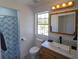 Bathroom featuring a modern vanity, designer sink, and decorative shower curtain at 41636 Outlaw Ln, Weirsdale, FL 32195
