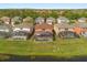 Aerial view showcasing the backyard pools of multiple homes in a residential community at 4692 Sw Golden Beach N Ct, Kissimmee, FL 34746