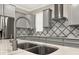 Bright kitchen features grey cabinets, stainless steel appliances, patterned backsplash and quartz countertops at 2768 Matera Dr, St Cloud, FL 34771