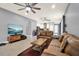Living room with modern decor, tile flooring, ceiling fans, and an open floor plan at 3005 Crispin Cir, Harmony, FL 34773