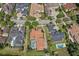 Stunning aerial view showcasing a home with a pool, lush landscaping, and surrounding neighborhood at 304 Acadia Ln, Celebration, FL 34747