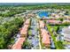 Wide aerial view showcasing the community layout, surrounding greenery, and nearby lake at 4743 Vero Beach Pl, Kissimmee, FL 34746