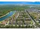 An aerial view of townhomes showcases a community near a tranquil lake and lush green spaces at 7526 Pellham Way, Kissimmee, FL 34747