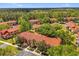 Wide aerial view of colorful townhouses in a community surrounded by lush trees at 8534 Crystal Cove Loop, Kissimmee, FL 34747