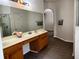 Bright bathroom features a vanity with double sinks, a walk-in shower, and wood-look floors at 2520 Azzurra Ln, Ocoee, FL 34761