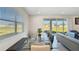 Dining area with large window and sliding glass doors opening to a green backyard at 4623 Wandsworth Way, Davenport, FL 33837