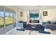 Bright living room with a contemporary fireplace and floor-to-ceiling sliding glass doors to the backyard at 4623 Wandsworth Way, Davenport, FL 33837