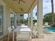 Covered patio featuring a large dining table and outdoor lounge chairs by the pool at 1057 Castle Pines Ct, Reunion, FL 34747