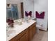 Bathroom with double sink vanity, neutral countertops, tile flooring, and coordinated purple towels at 12966 Broakfield Cir, Orlando, FL 32837