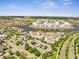 Aerial view of community pool and amenities surrounded by lakefront townhomes and condos at 4672 Tribute Trl, Kissimmee, FL 34746