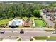 Aerial view of community park featuring a pool, playground, picnic shelter, seating, and soccer field at 4672 Tribute Trl, Kissimmee, FL 34746