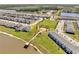 Aerial view of community playground, picnic shelter, and park area with mature trees and water views at 4672 Tribute Trl, Kissimmee, FL 34746