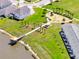 Aerial view of community playground, picnic shelter, and park area with mature trees and water views at 4672 Tribute Trl, Kissimmee, FL 34746