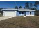 Charming single-story home featuring a blue exterior, white accents, a gray roof, and an attached garage at 4863 Sw 159Th Ln Rd, Ocala, FL 34473