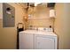 Functional laundry room with washer, dryer, shelving, and overhead lighting at 1230 Wright Cir # 5309, Celebration, FL 34747
