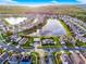 Beautiful aerial view of the community featuring a pool, lake, and meticulously maintained landscaping at 14945 Huntcliff Park Way, Orlando, FL 32824