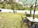Spacious fenced backyard featuring a well-maintained lawn, mature trees, and outdoor seating area at 14945 Huntcliff Park Way, Orlando, FL 32824