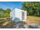 Exterior view of an outbuilding showing a simple design with a wooden door, great for storage or workshop at 150 N Post Office Rd, Kenansville, FL 34739