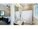 Well-lit bathroom featuring a granite-topped vanity and shower with tile and a curtain at 1506 Euston Dr, Reunion, FL 34747