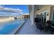 Outdoor pool with lounge chairs, tables, and covered seating area, perfect for relaxation and entertainment at 1506 Euston Dr, Reunion, FL 34747