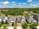 An aerial view of a home surrounded by mature trees and a manicured lawn in a quiet neighborhood at 3447 Feathergrass Ct, Harmony, FL 34773