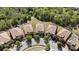 An aerial view showcasing homes with tile roofs, complemented by lush landscaping and a neatly arranged cul-de-sac at 8879 Qin Loop, Kissimmee, FL 34747