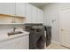 Functional laundry room featuring modern washer and dryer units, ample storage cabinets, and a sink at 1923 Lazy Oaks Loop, St Cloud, FL 34771