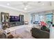 Stylish living room featuring a ceiling fan, comfortable seating, and easy access to the outdoor patio at 307 Bella Cortina Dr, Kissimmee, FL 34759