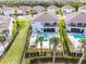 A high-angle aerial view of the house with pool, patio, lawn and tropical plantings at 7665 Fairfax Dr, Kissimmee, FL 34747