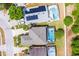 An aerial view shows a pool and solar panels on neighboring homes at 814 Bloomingdale Dr, Davenport, FL 33897
